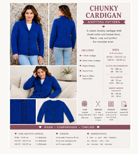 Woman's Easy Beginners Cardigans- V neck- shawl collar Chunky-12 Ply Bulky Cardigans~ fits 32 - 54" chest- Download Knitting Pattern