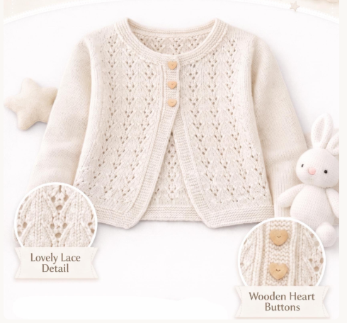 Girls Lace Cardigan Knitting Pattern – DK Weight, Ages 2-11 (PDF Download)