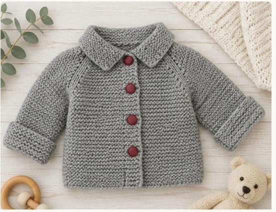 Simple easy Beginners Raglan Cardigan- Jacket with collar-  New baby -6 months, Garter stitch Knitting pattern Download PDF DK 8 PLY Yarn