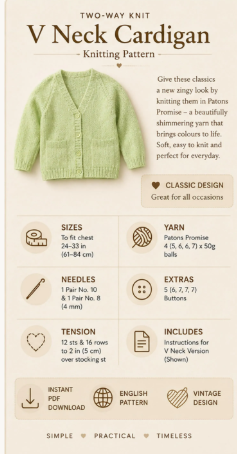 Girl's Easy V neck & plain round neck cardigan - pockets DK (8Ply) light worsted Knitting pattern PDF 24-33" Vintage -Instant download