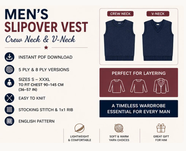 Mens Slipover Knitting Pattern PDF | Crew Neck & V Neck Sweater Vest | Easy Knit Tank Top | Sizes S-XXXL