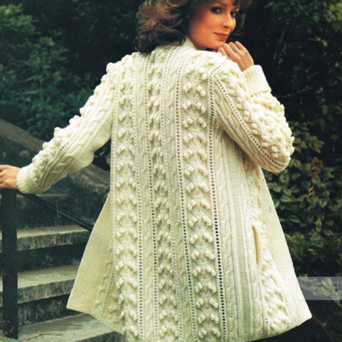 Aran Knitting Pattern for Woman's edge to edge jacket to fit loosely 32 to 40" bust (81 to 101 cms)