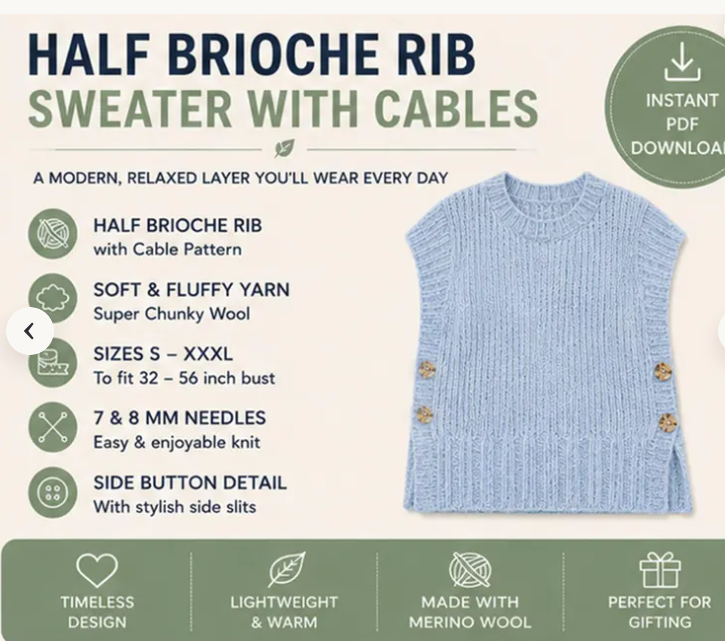 Ladies Sweater Vest Knitting Pattern PDF Download Round Neck Sleeveless Top Side Fastening & Long Back 32-56 Inch Bust Super Chunky wool