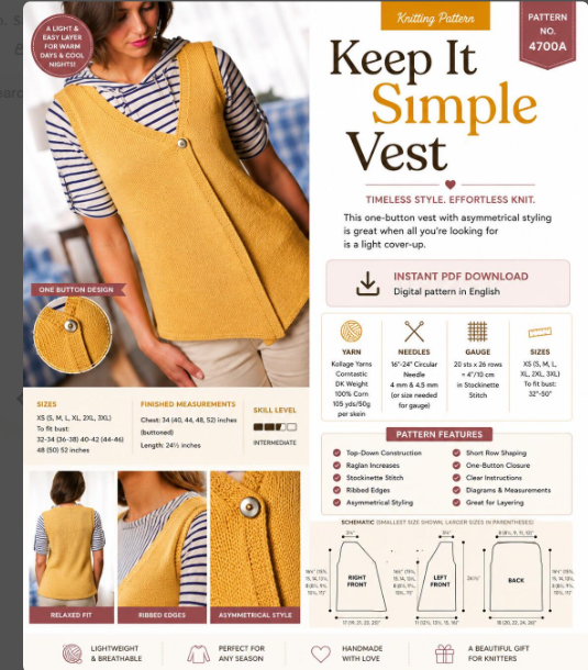 Ladies Waistcoat Knitting Pattern PDF Download | Easy Summer Vest Top | Sizes S-2XL | Lightweight Vintage Knit | Instant Download