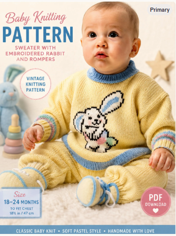 Child's Sweater & pants with embroidered rabbit Knitting Pattern -4 Ply wool  Instant Download Knitting pattern Height 74cm