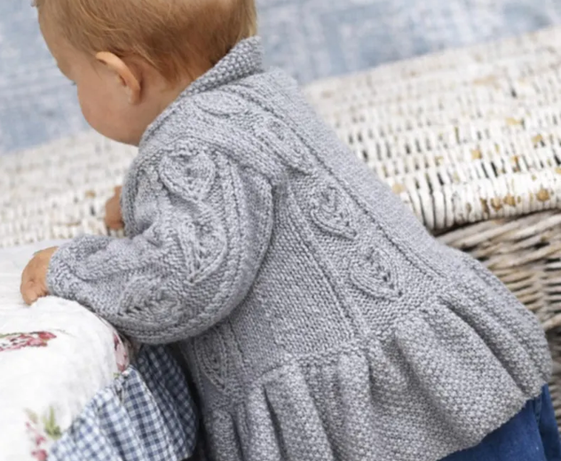 Childs V neck Cardigan with collar- Leaf Cable Pattern frilled border- DK 8ply Light worsted- 16"-6 years- Knitting Pattern download PDF