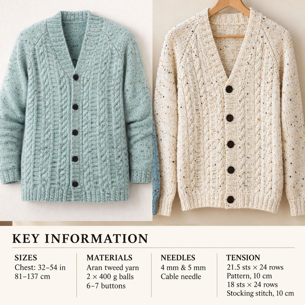 Mens Aran Cable Knit Cardigan Pattern - V Neck Raglan (PDF Download)