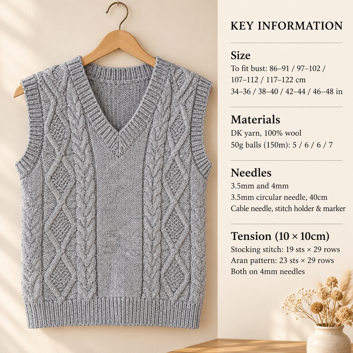 Womens Slipover V Neck Sweater Jumper Vest Cable Diamond Patterned Back 34- 48" DK 8 Ply Light Worsted Wool Knitting Pattern PDF download