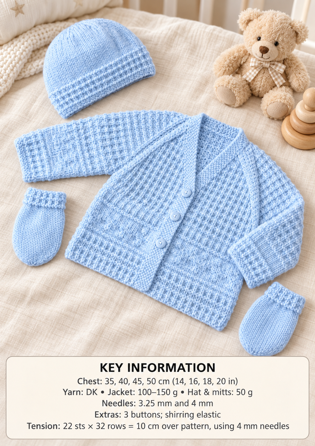 New Baby textured cardigan- hat- mitts 14"- 20"~ DK 8 Ply Light Worsted Wool Knitting Pattern Download PDF-Boys Girls baby knitting pattern