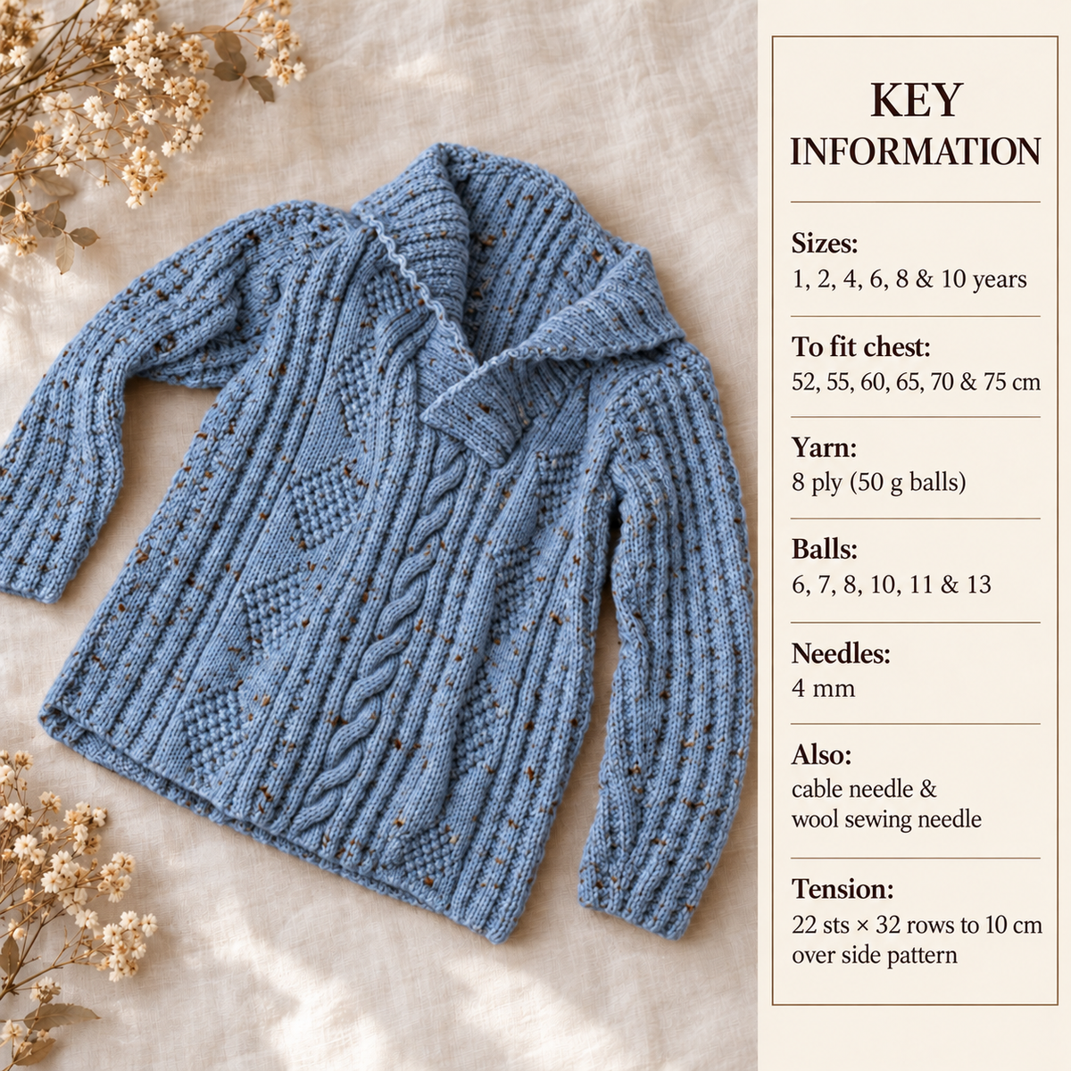 Child's Cable Cardigan-shawl collar Jacket Boy- Girl 1-10 years