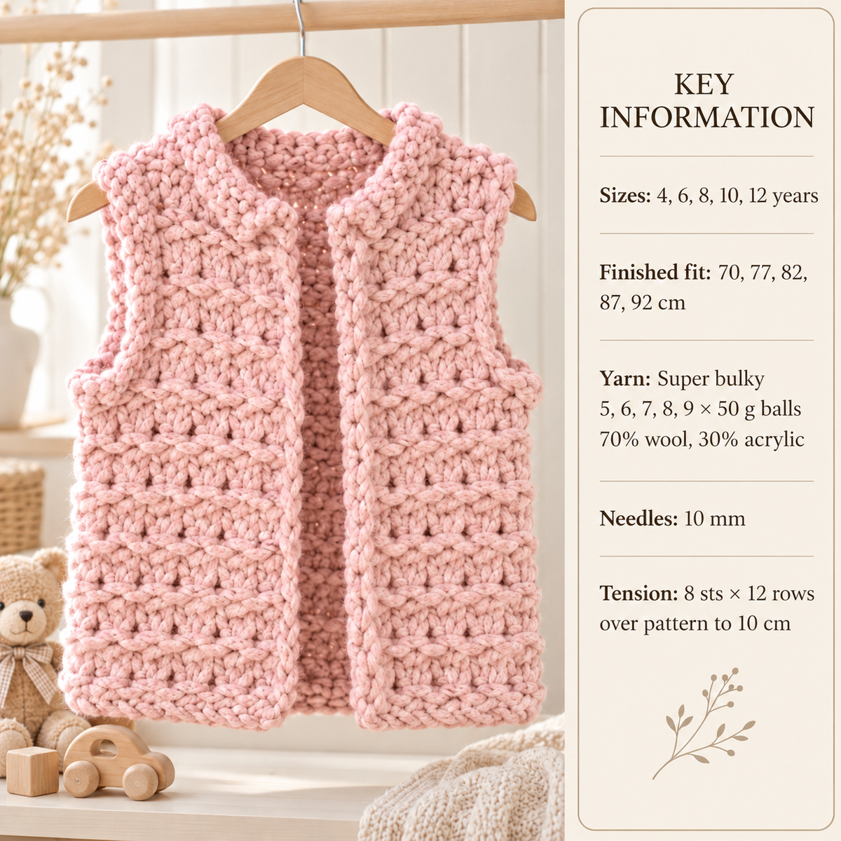Girl's Super chunky Easy Vest- Sleeveless cardigan- Jacket 70 - 92 cm-4-6 years Download PDF Knitting Pattern Super Chunky Super Bulky 14ply
