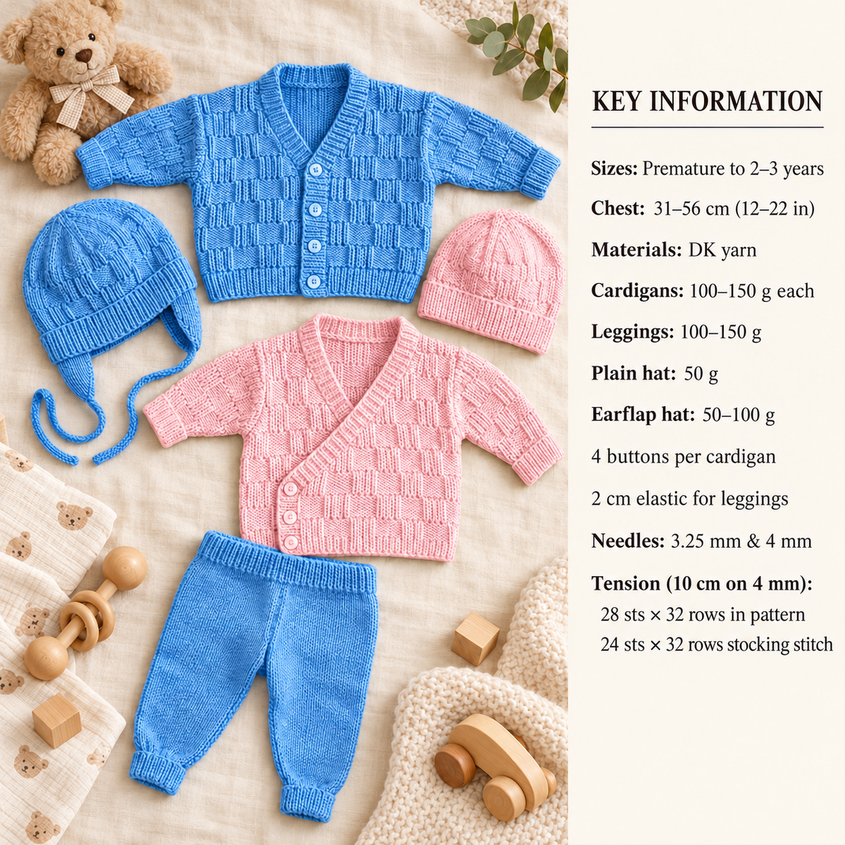 Baby Premie Wrap Cardigan~V Neck~ Trousers & Hat 12"- 22"  (Premature - 3y) DK 8Ply Light Worsted wool- Knitting Pattern Download PDF
