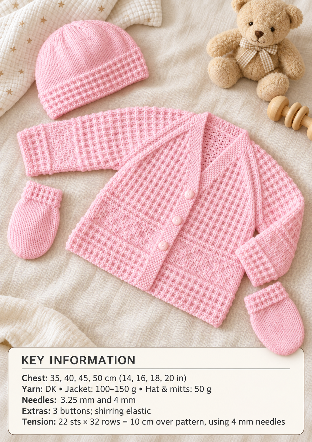 New Baby textured cardigan- hat- mitts 14"- 20"~ DK 8 Ply Light Worsted Wool Knitting Pattern Download PDF-Boys Girls baby knitting pattern