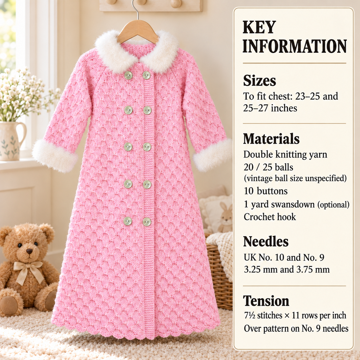 Girls Long dressing gown, house coat in DK 8 ply Light worsted wool- button front chest 23 - 27 " Knitting pattern download PDF