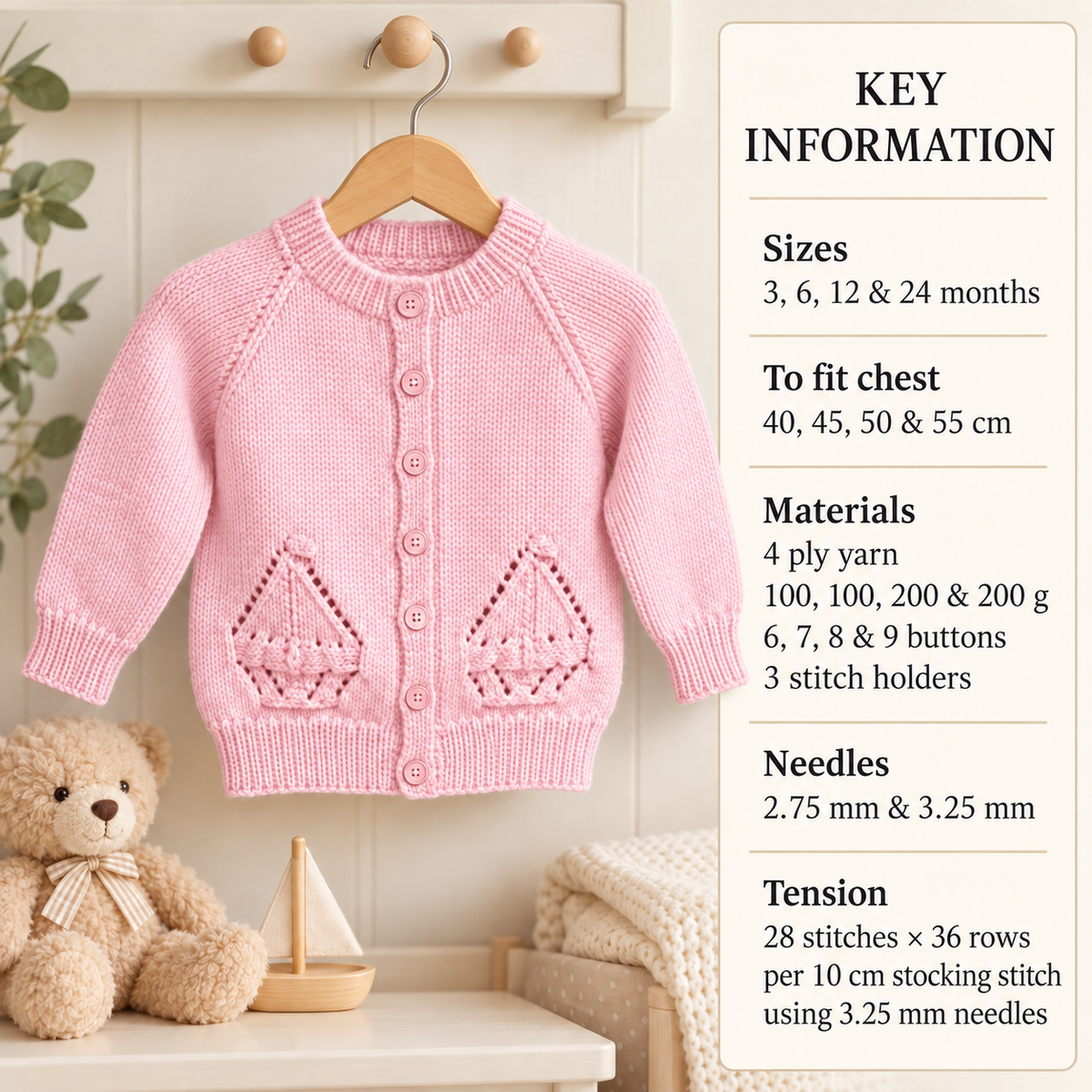 Easy baby Eyelet  Ship Cardigan in (4ply) Yarn Fits from 16-22inch chest- Knitting pattern