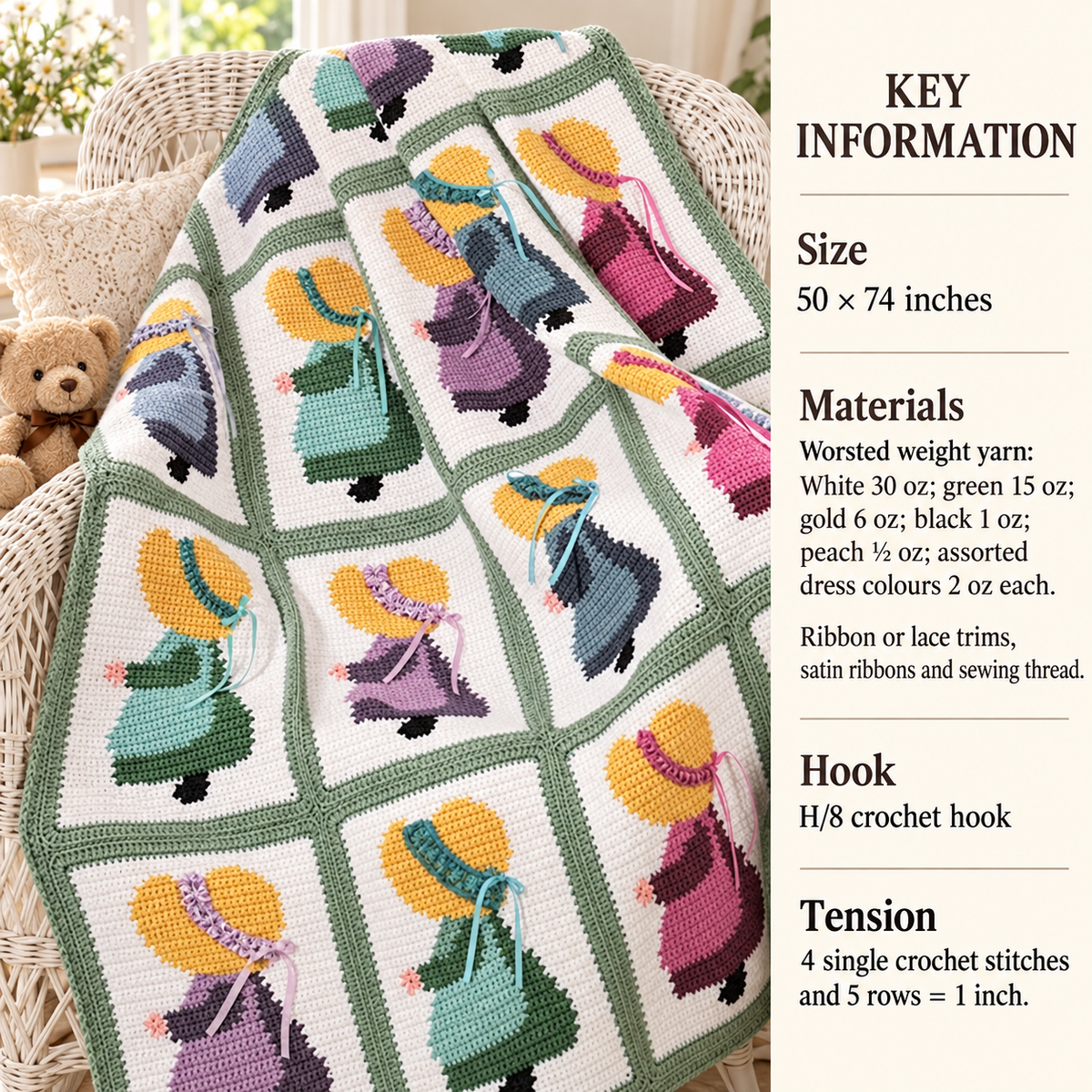 Vintage Crochet Blanket Afghan Sunbonnet Sue 50" x 74" - Worsted 10Ply Yarn ~ Crochet Pattern PDF Instant download