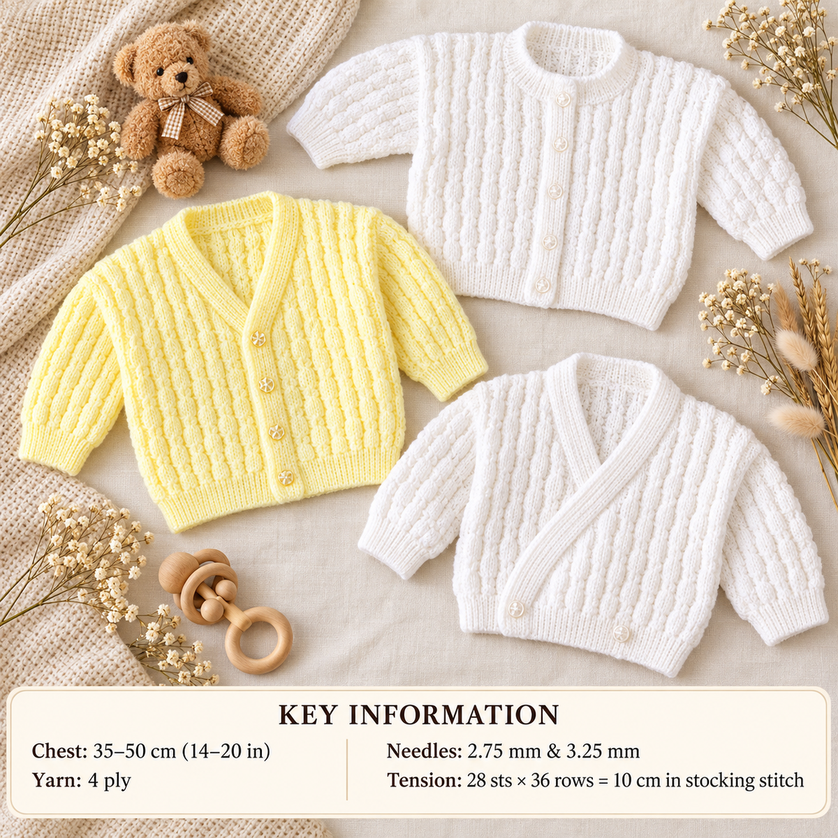 Baby Textured Round -V neck &  Cross over-  Cardigans -Knitting pattern - 16 - 22" chest Knitted in 4 ply Fingering  Download PDF-3 styles