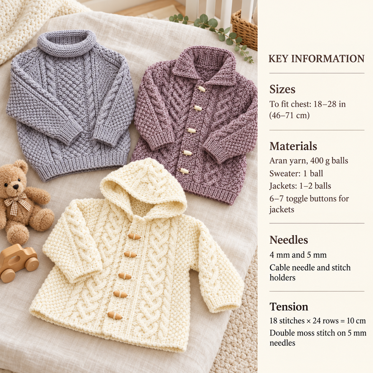 Children's Roll Neck Raglan Sweater Cardigan with collar & Hooded jacket 18" - 28" Aran 10 Ply Worsted Knitting Pattern pdf