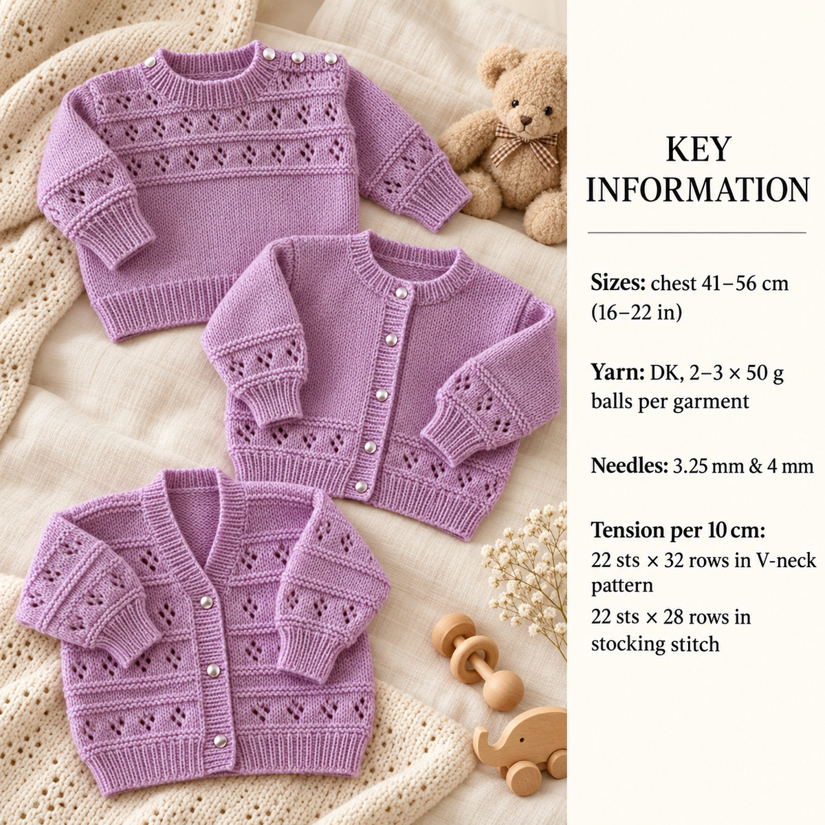 Baby Girl Boy Lacy Cardigans & sweater -Button shoulders 3  styles 16- 22" DK 8Ply  Light worsted wool Knitting Pattern pdf