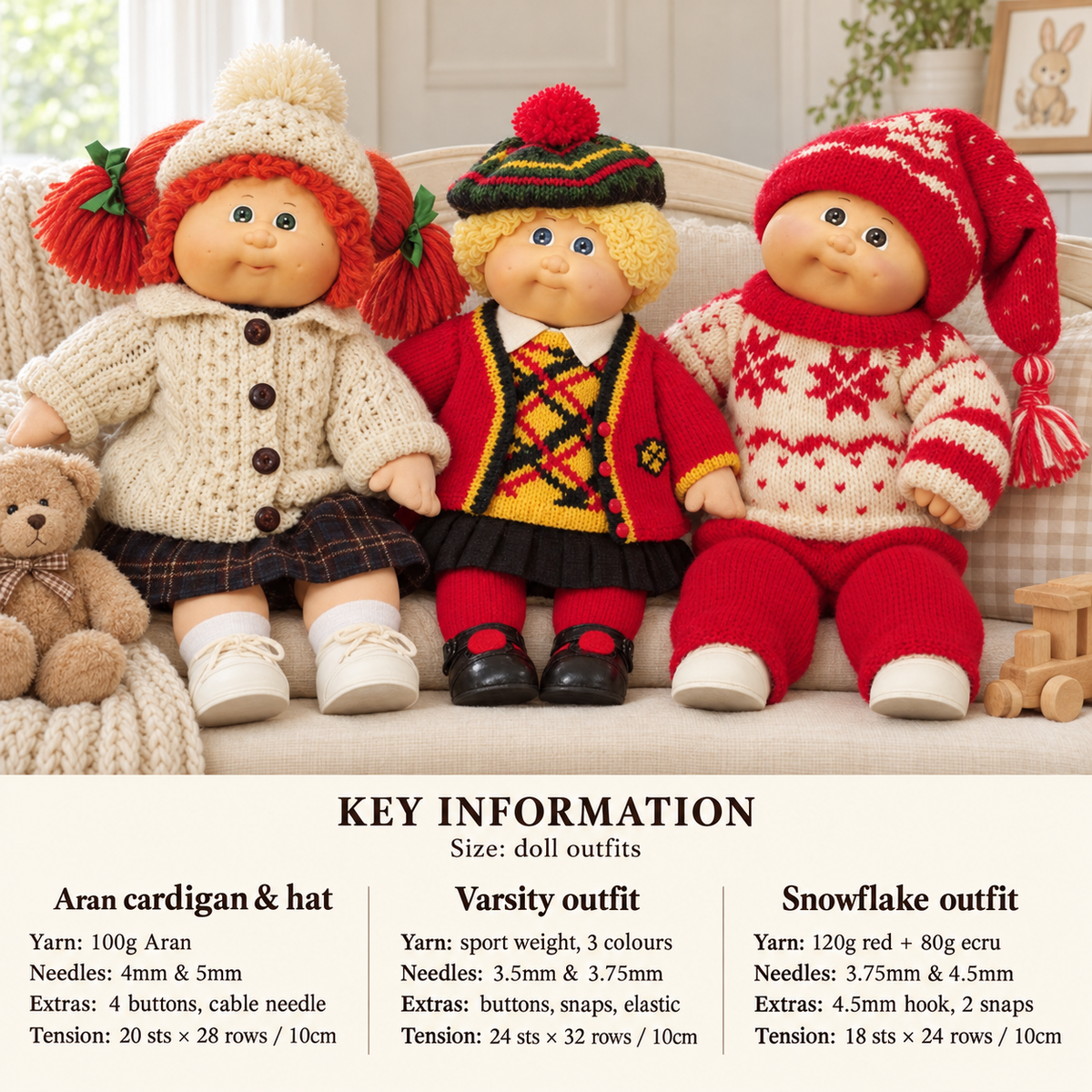 Vintage Cabbage Patch Kids Clothing, 3 outfits to knit- Aran cardigan-hat, ski outfit- scottish outfit- knitting pattern download PDF