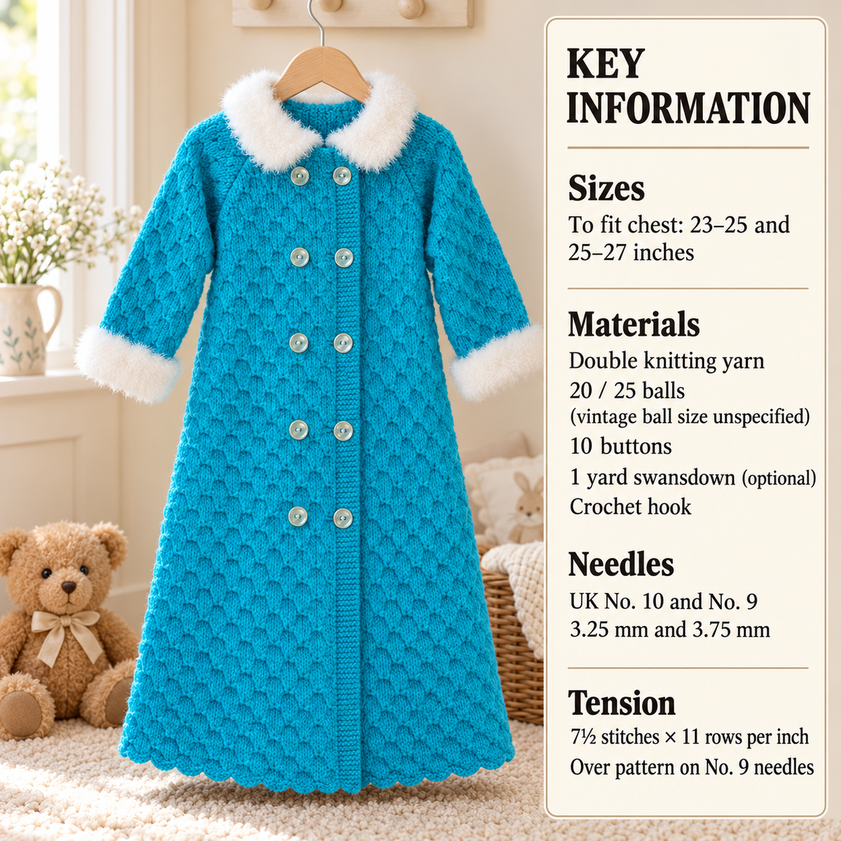 Girls Long dressing gown, house coat in DK 8 ply Light worsted wool- button front chest 23 - 27 " Knitting pattern download PDF