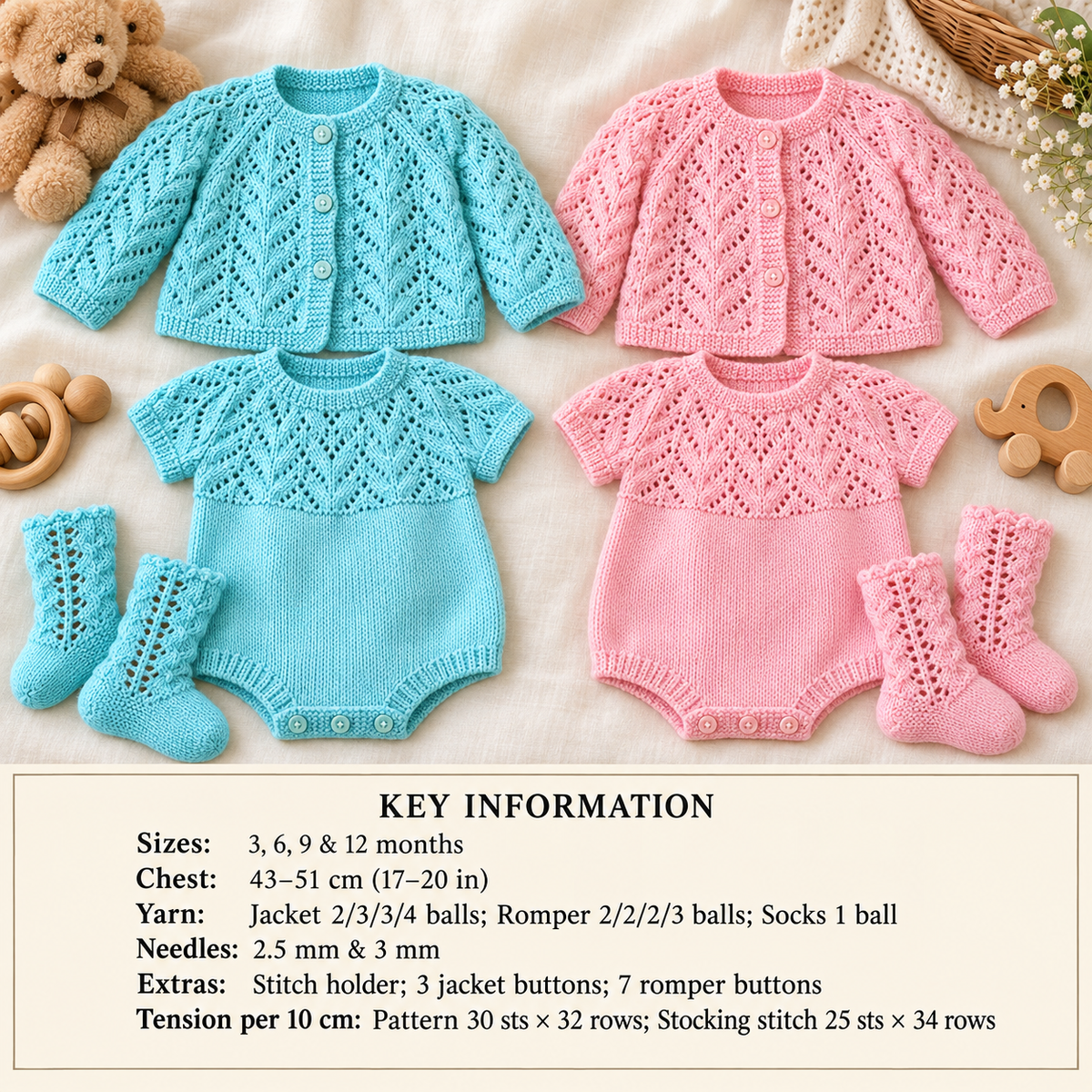 Baby Lacy Jacket ~ Romper Suit & Matching socks Sport weight (5 ply) Baby quick knit yarn Fits 3- 12 months  Knitting pattern -Download PDF