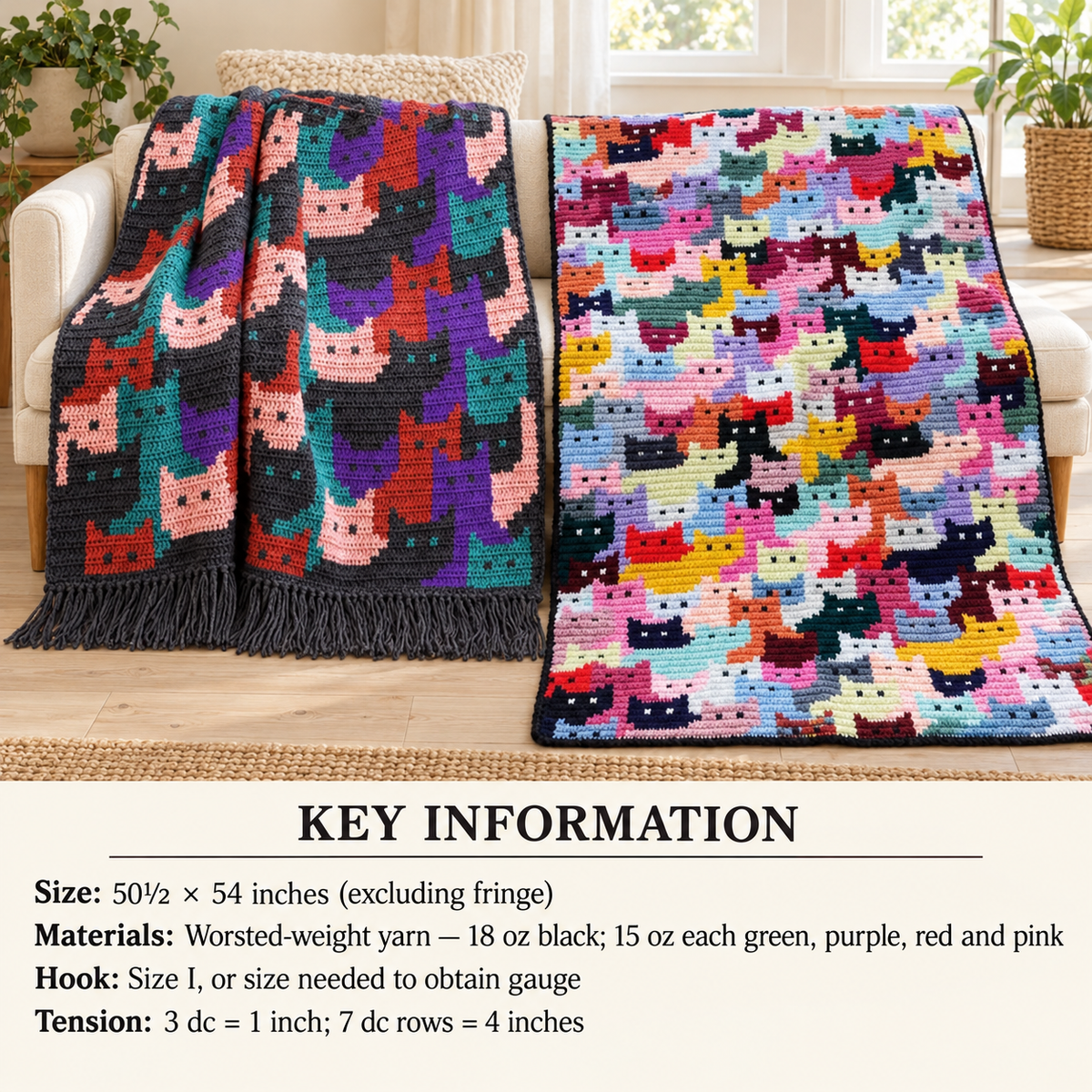 Vintage Crochet Blanket Afghan Cats Kittens 50" x 54" - Worsted 10Ply Yarn ~ Crochet Pattern PDF Instant download