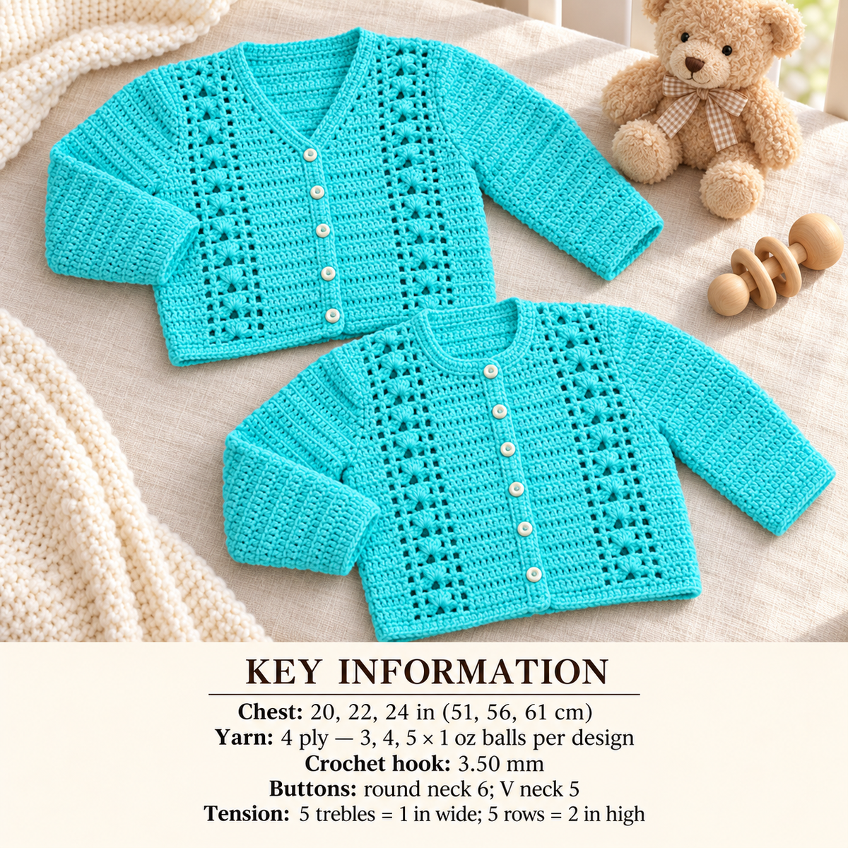 Baby Crochet - Round and V neck Cardigans in 4 Ply  Fingering wool- 20 - 24" chest  Crochet Pattern- Download PDF