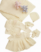 Baby Knitting Pattern DK Dress Cardigan Bonnet Shawl Mittens Bootees