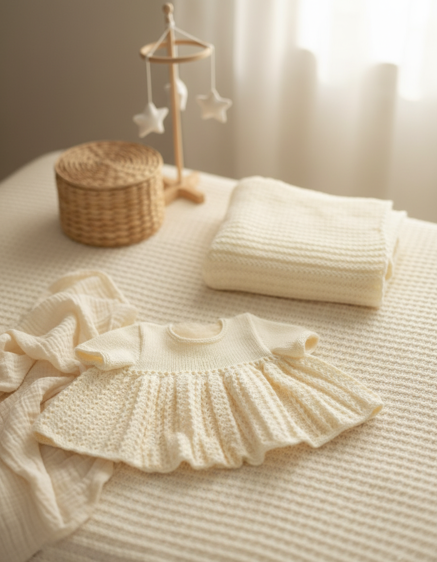 Baby Knitting Pattern DK Dress Cardigan Bonnet Shawl Mittens Bootees