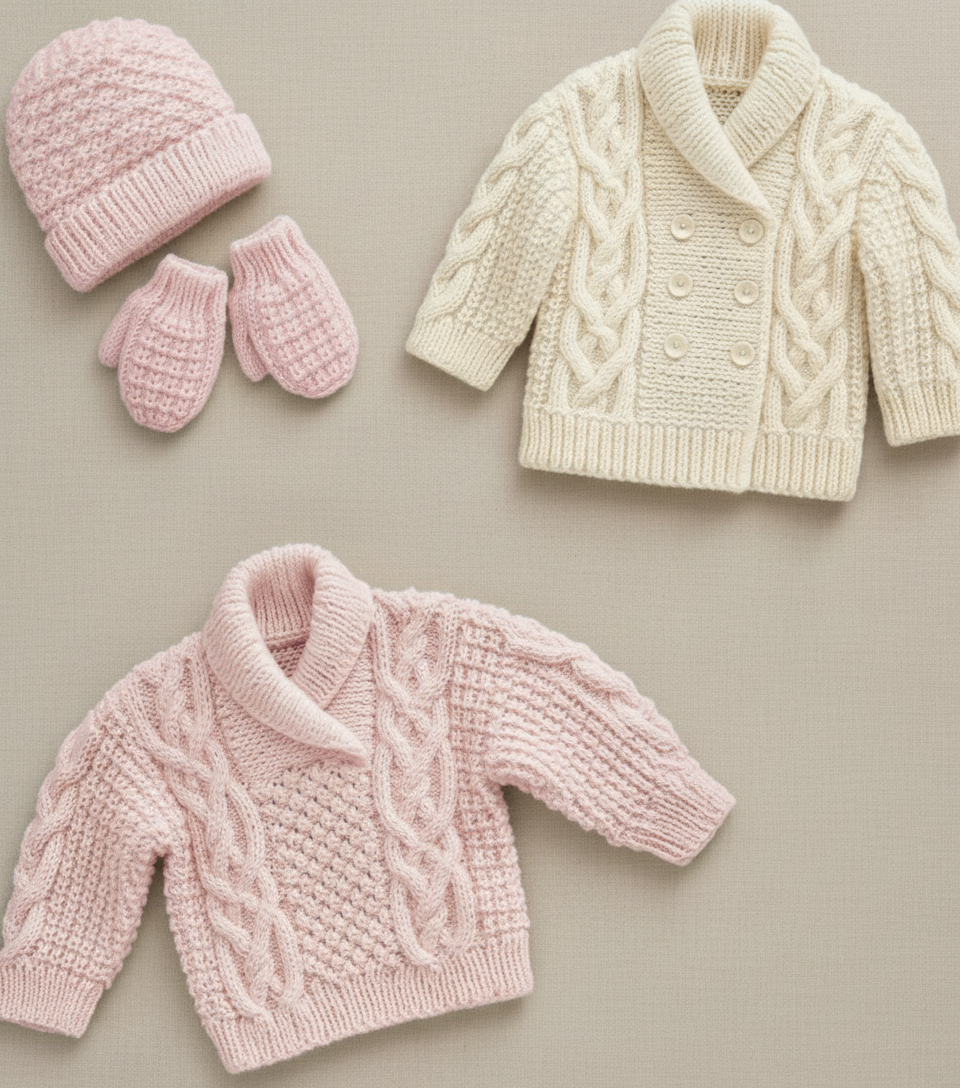 Baby Cable Knit Cardigan, Hat & Hooded Jacket Pattern (PDF Download) Premature -22"