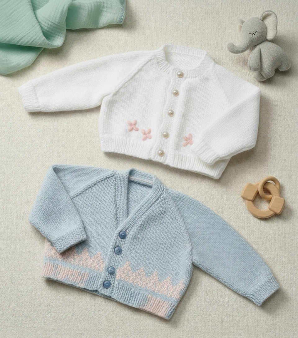 Baby Cardigan Knitting Pattern – V Neck, Round Neck, 4ply Wool (PDF Download)