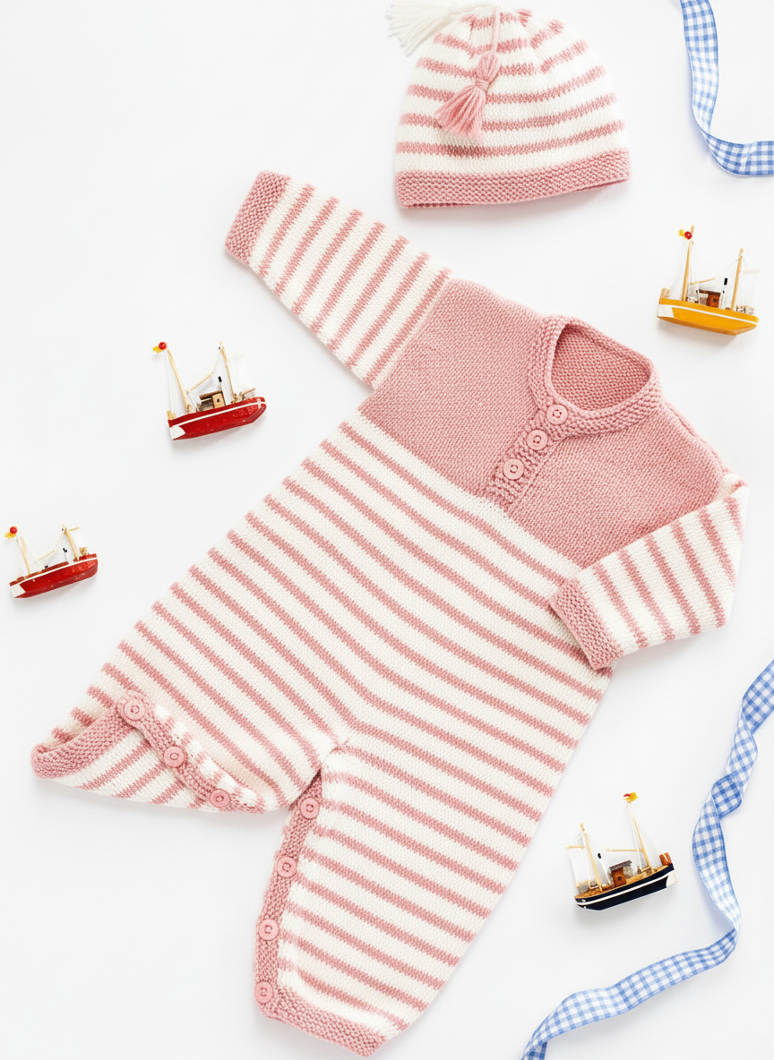 Baby Knit Romper ~ playsuit with hat, button fastening- Birth- 3 years - Vintage Knitting Pattern - DK 8Ply Light Worsted wool PDF Download