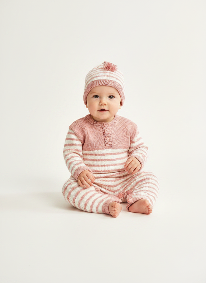 Baby Knit Romper ~ playsuit with hat, button fastening- Birth- 3 years - Vintage Knitting Pattern - DK 8Ply Light Worsted wool PDF Download