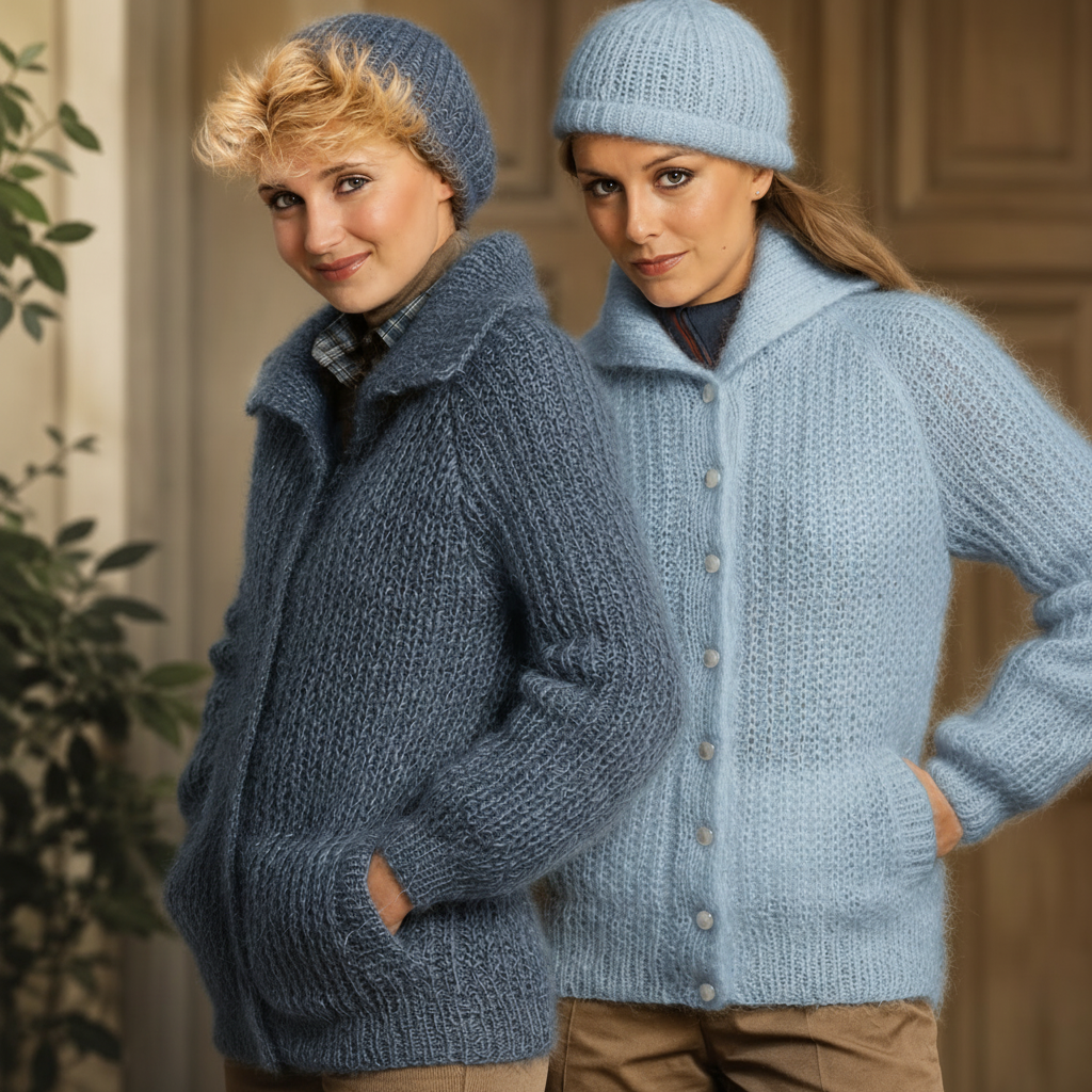 Womans Easy Ribbed Mohair Jacket with pockets collar & Hat Mohair wool fits chest 32" - 40 ", Knitting Pattern download PDF