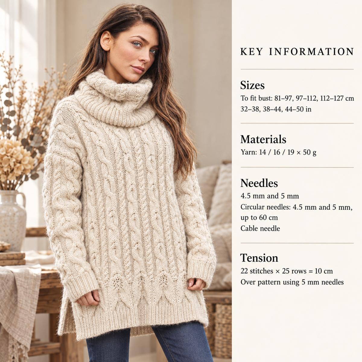 Woman's Round Neck Cable Sweater*Side Split* optional Knitted Cowl- Sizes 32" * 50 " chest * Knitting Pattern Download PDF Aran 10 ply yarn