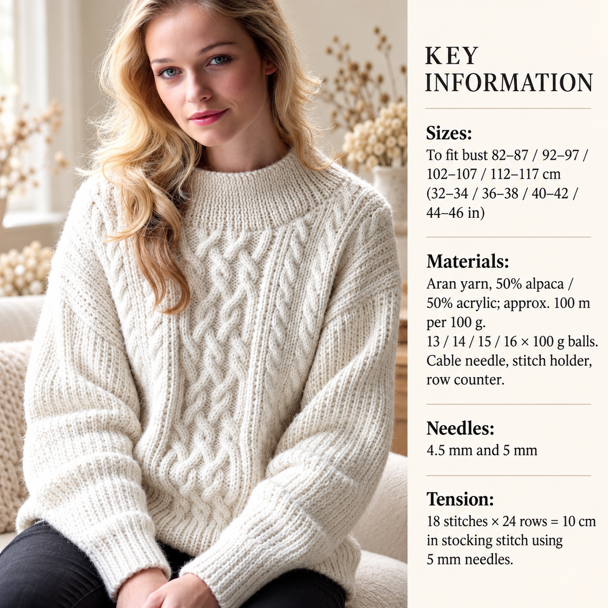 Woman's round  neck  cable sweater jumper ~ pullover  32"-46"  aran (10 ply) weight yarn ~knitting pattern pdf downloadable