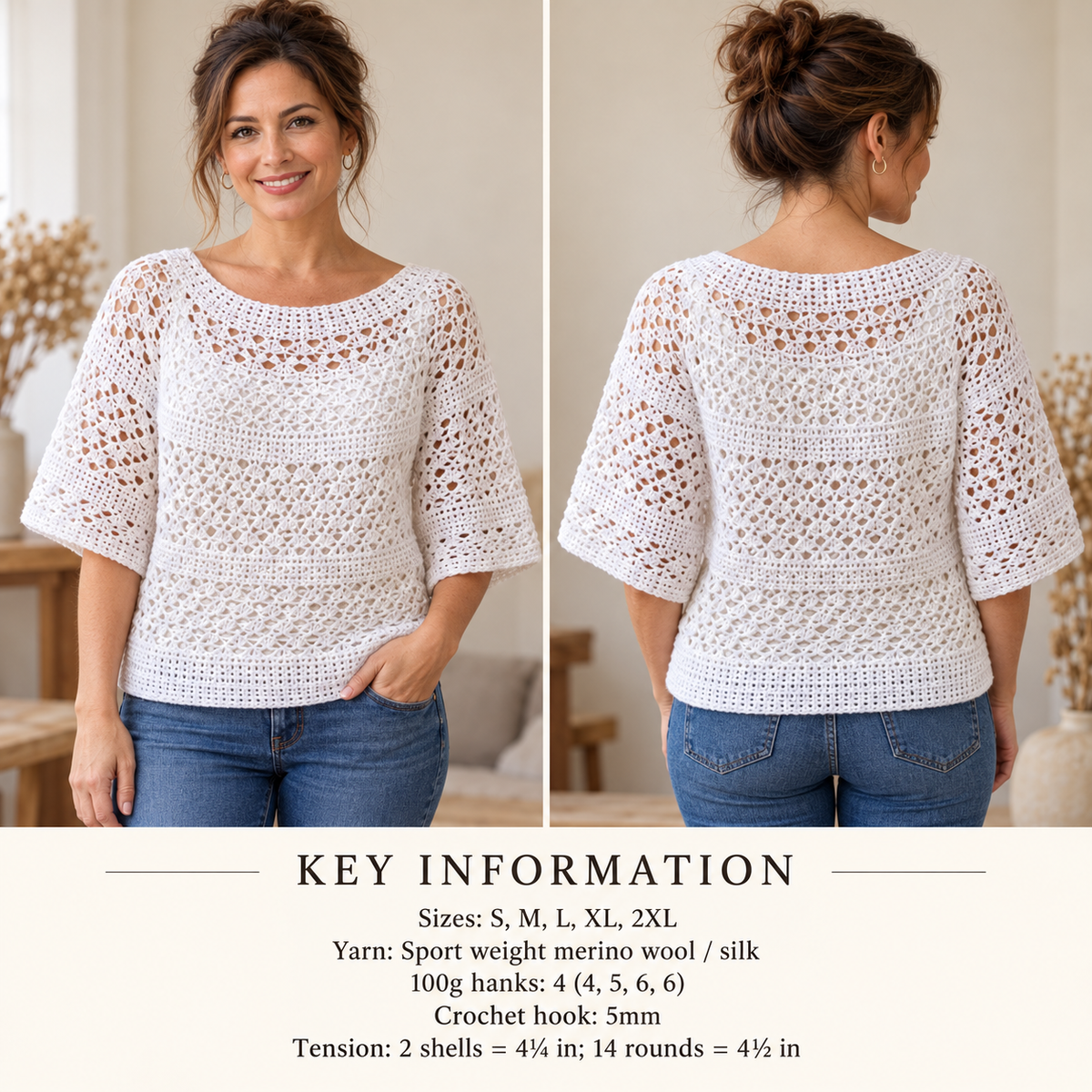 Crochet Pullover Pattern – Women's Short Sleeve Top (Size 30-46) (PDF Download)
