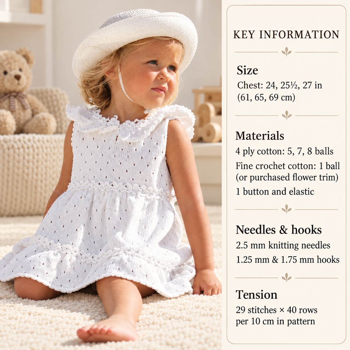 Girl's Knitted dress with Crochet flower collar 24-27" chest  4Ply Fingering Cotton  yarn Crochet/Knitting Pattern PDF Instant Download