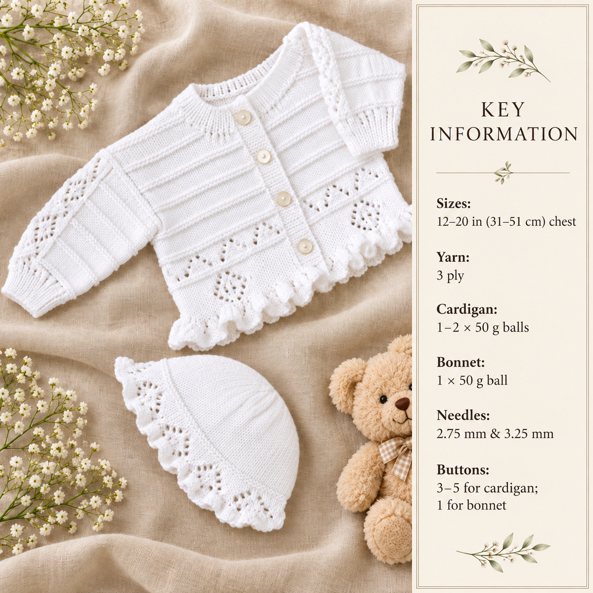 Baby Girls Diamond Border Cardigan and Hat Knitting Pattern – Frilled Edges (PDF Download)