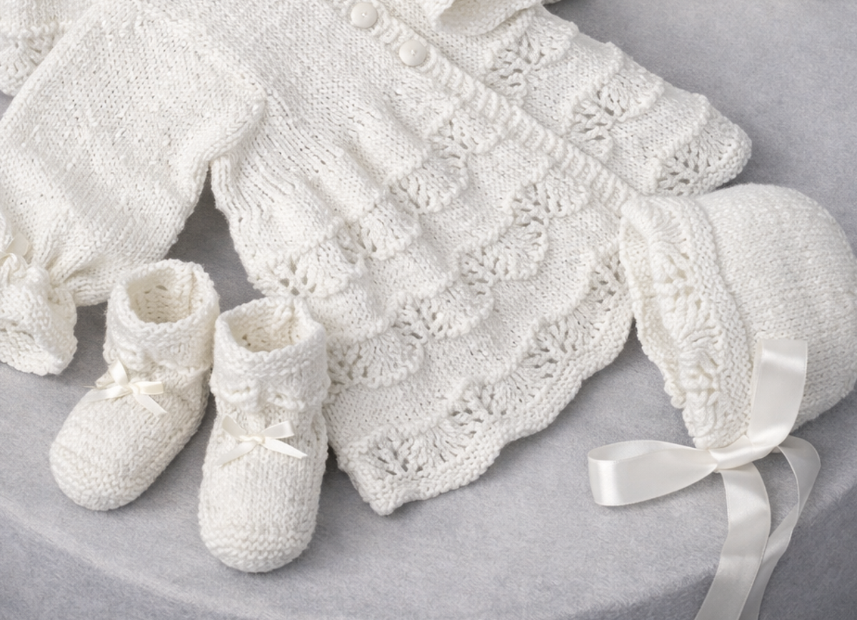Vintage Baby Scalloped Lace  Dress Matinee Coat Hat & Booties Knitting Pattern DK /8 ply  3 - 6 mths 18" Chest PDF Download