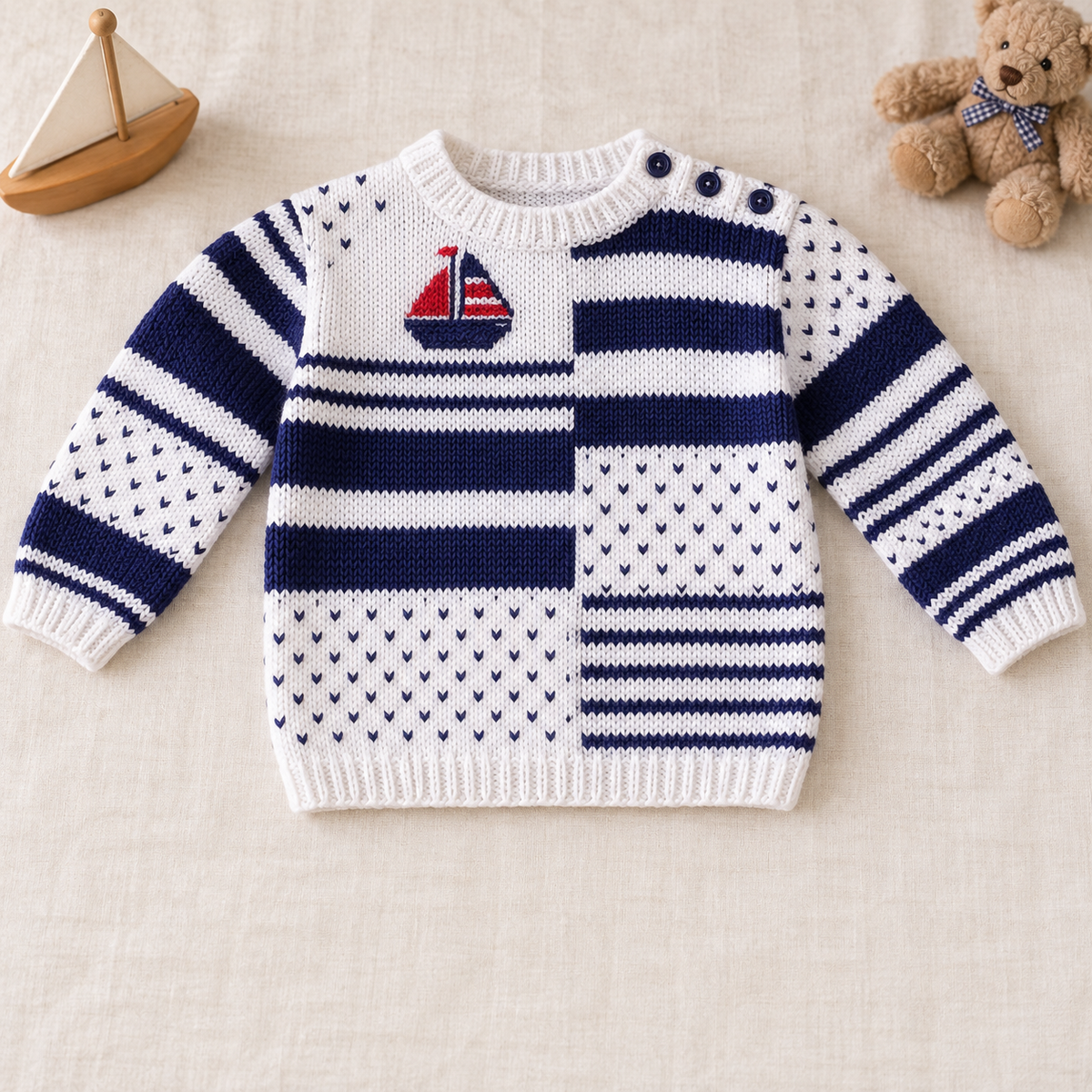 Child's Sailor Sweater Knitting Pattern: Embroidered Boat, Shoulder Fastening (PDF Download)