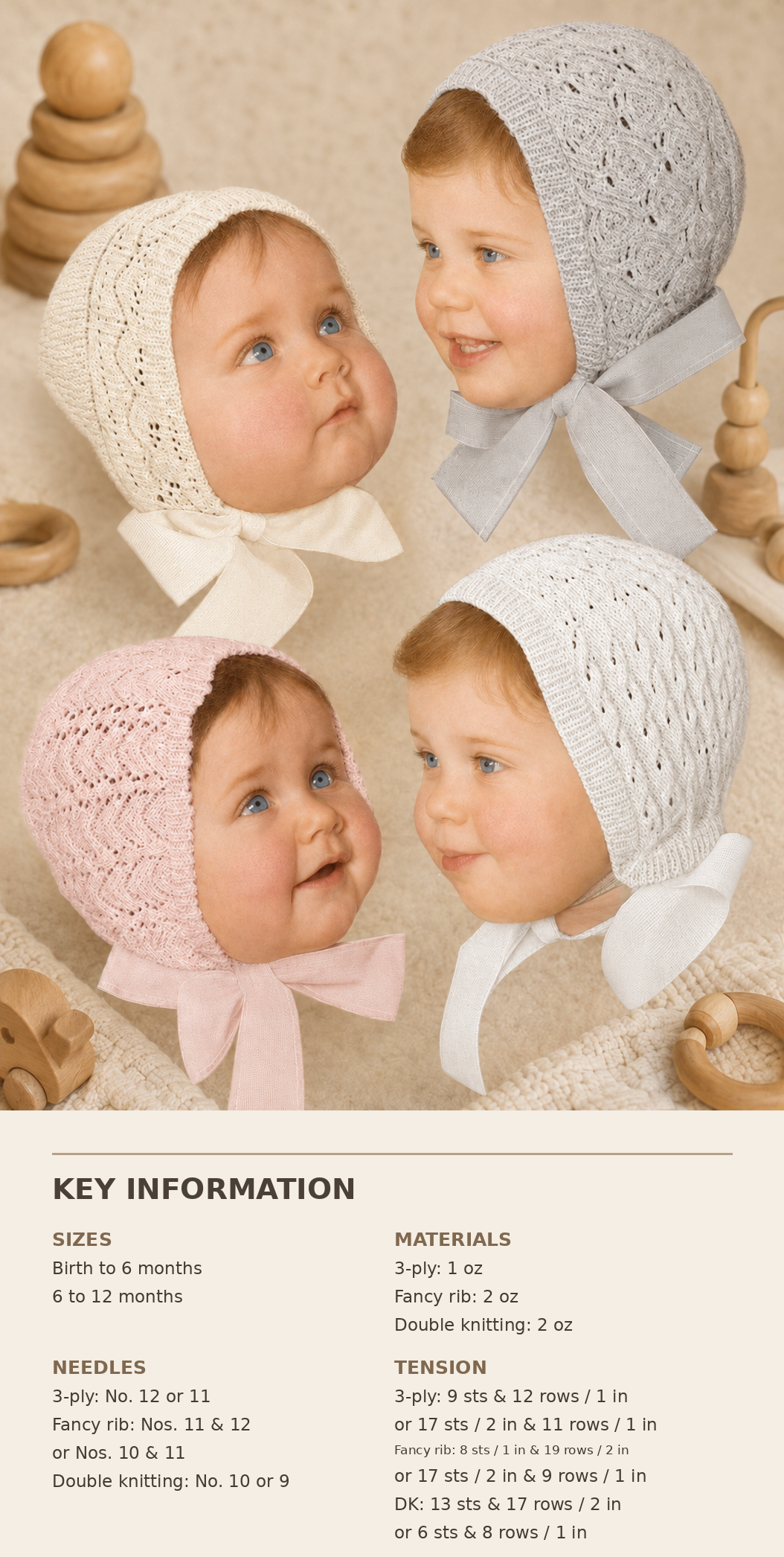 Baby Vintage Bonnets- Knitting patterns- Birth- 12 months various wools