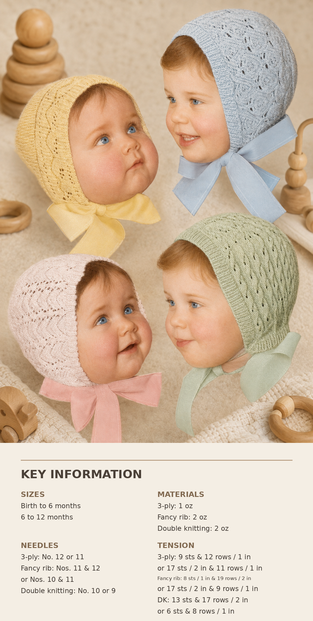 Baby Vintage Bonnets- Knitting patterns- Birth- 12 months various wools