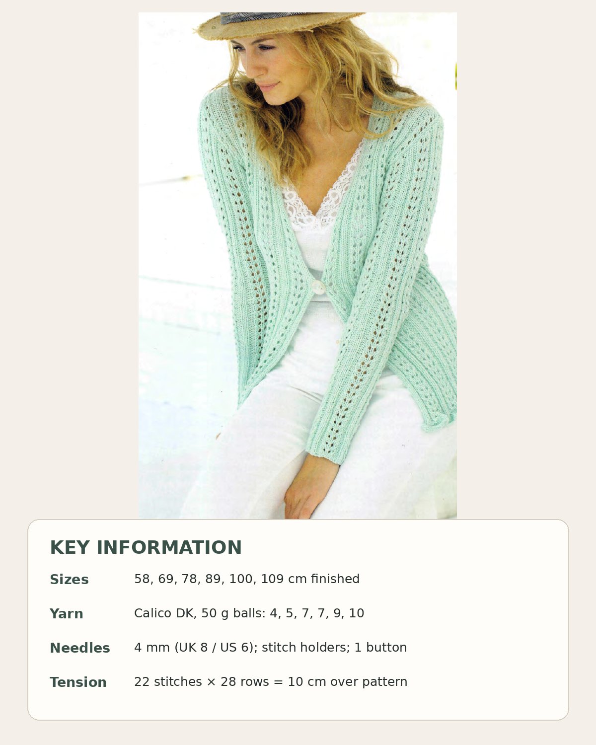 Womens Lacy Cotton Cardigan Knitting Pattern, DK, 24-46"