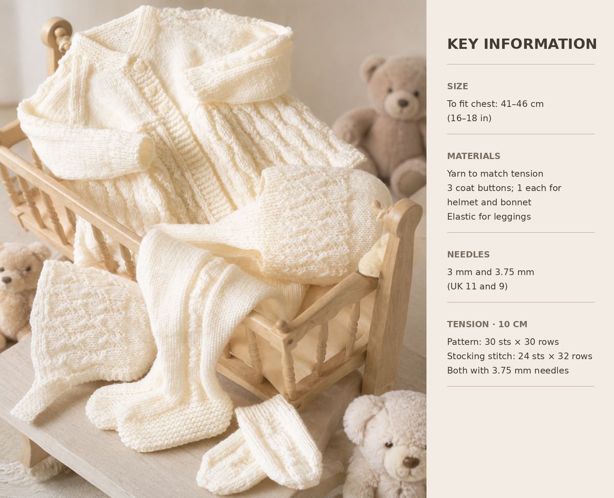 Baby Girl -boy Pram suit   16" - 18" ( 0- 12 months) dk 8 ply Knitting Pattern PDF