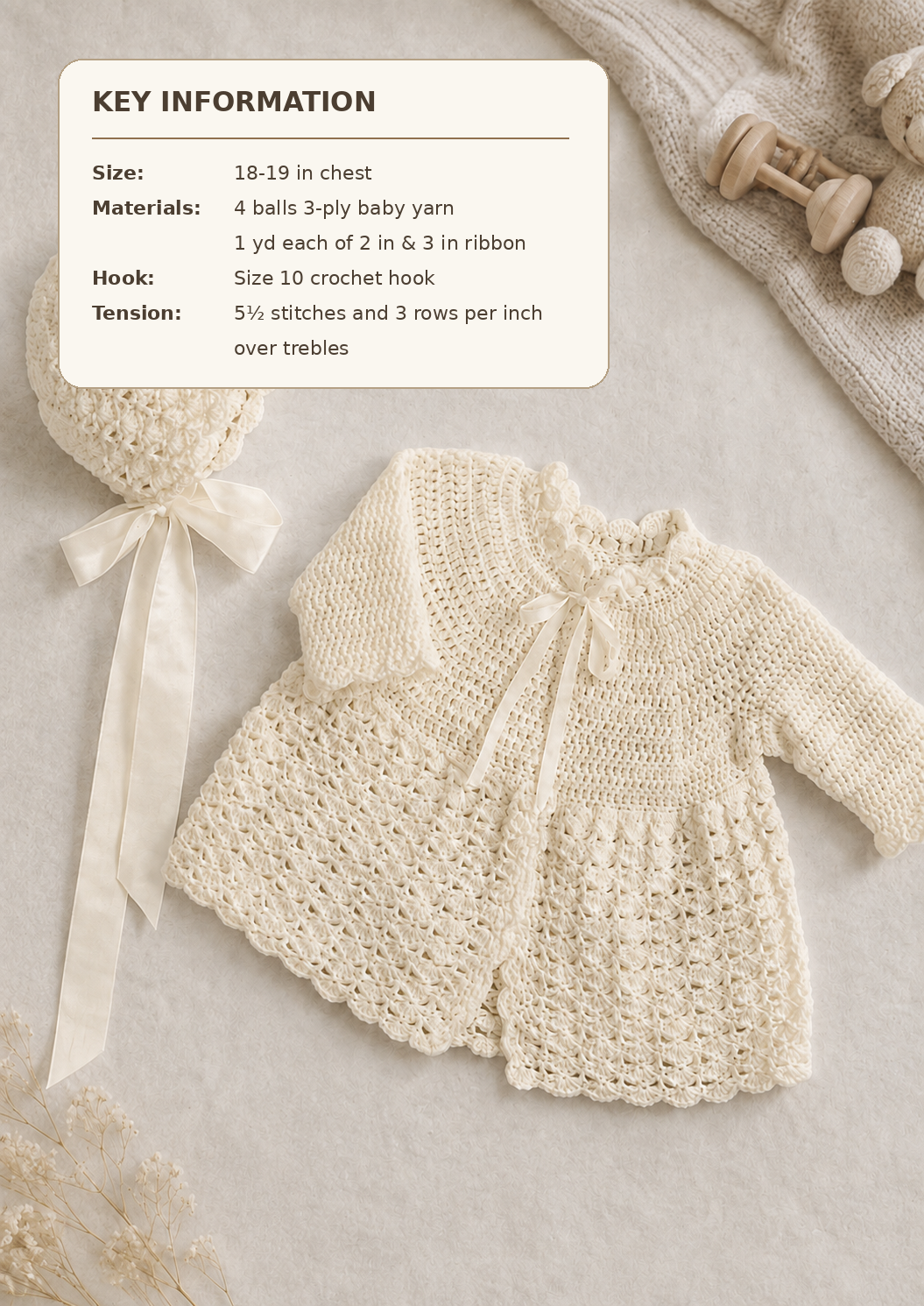 Vintage Baby Matinee Cardigan Bonnet Crochet Pattern, 3ply (PDF Download)