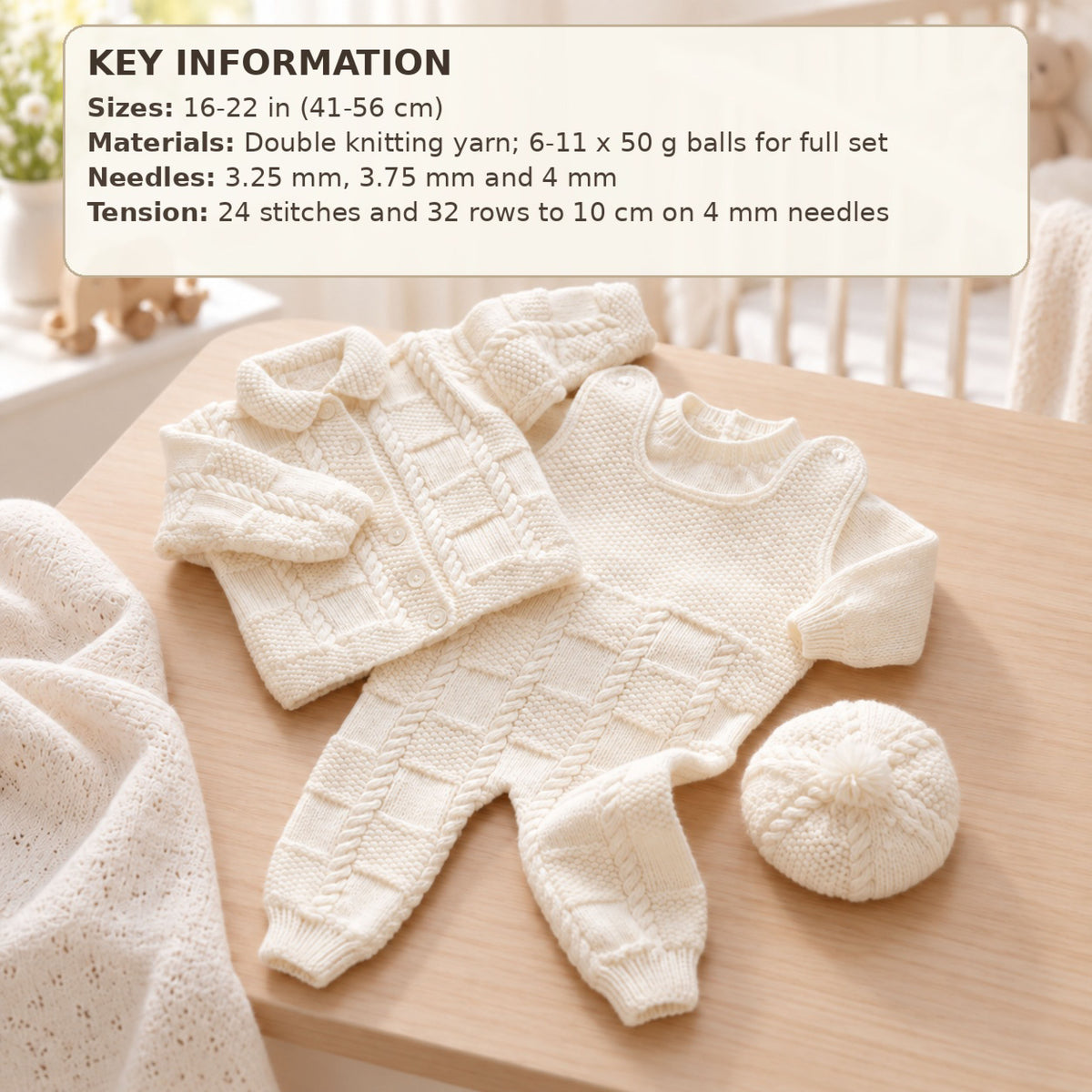 Baby Knitting Pattern for Cable Knit Cardigan Pants Hat Set (16-22 Inch)DK 8ply