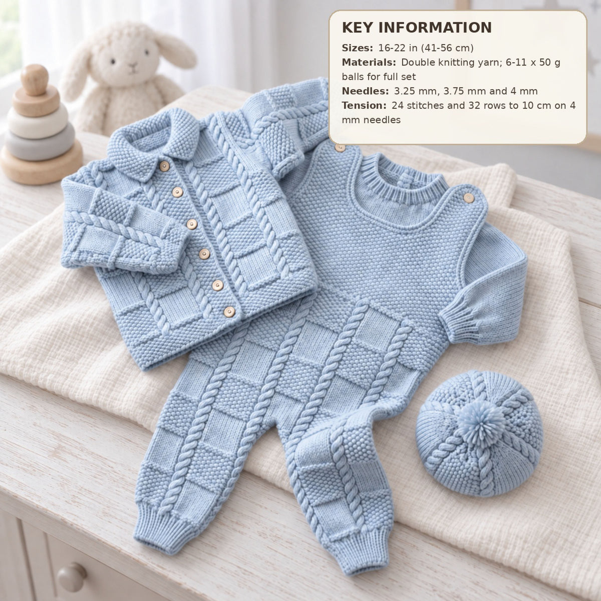 Baby Knitting Pattern for Cable Knit Cardigan Pants Hat Set (16-22 Inch)DK 8ply