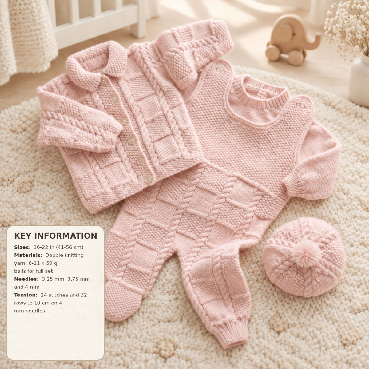 Baby Knitting Pattern for Cable Knit Cardigan Pants Hat Set (16-22 Inch)DK 8ply